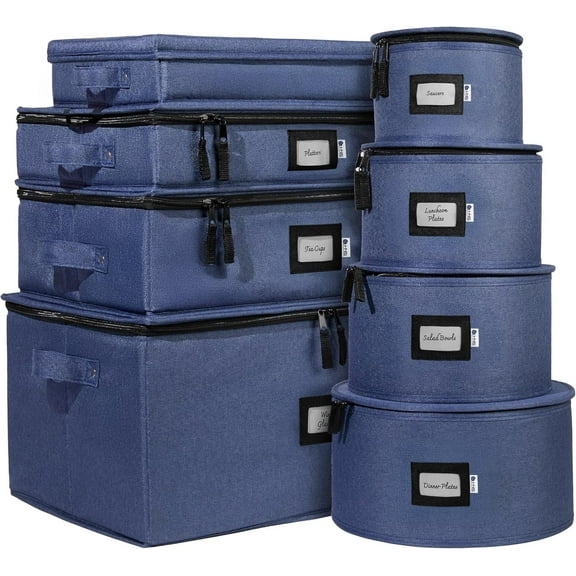 China Storage Hard Shell Containers 8-Piece Set Moving Boxes for Dinnerware, Glasses, Plates, Mugs and Saucers Sturdy Dish Organizer with Dividers for Seasonal Storage - Service for 12 - Denim Blue