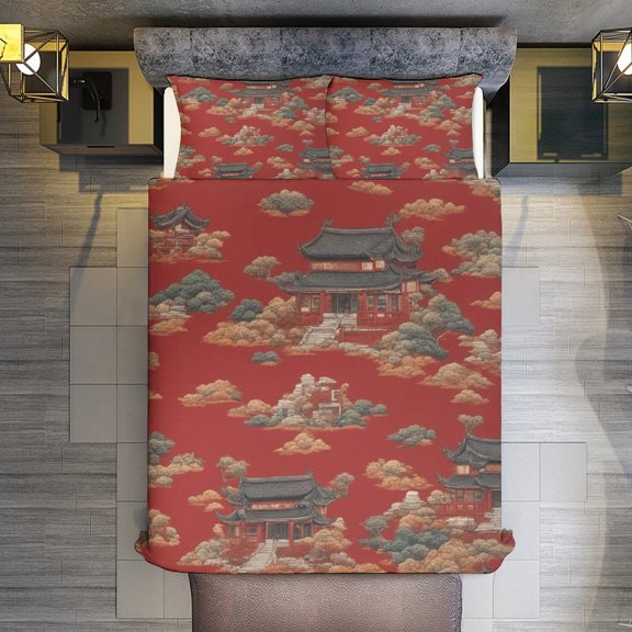 China Style Retro Red Quilt Cover Set Fashionable Printed Bedding Covers with Pillowcase Home Textiles, Queen (90"x90")