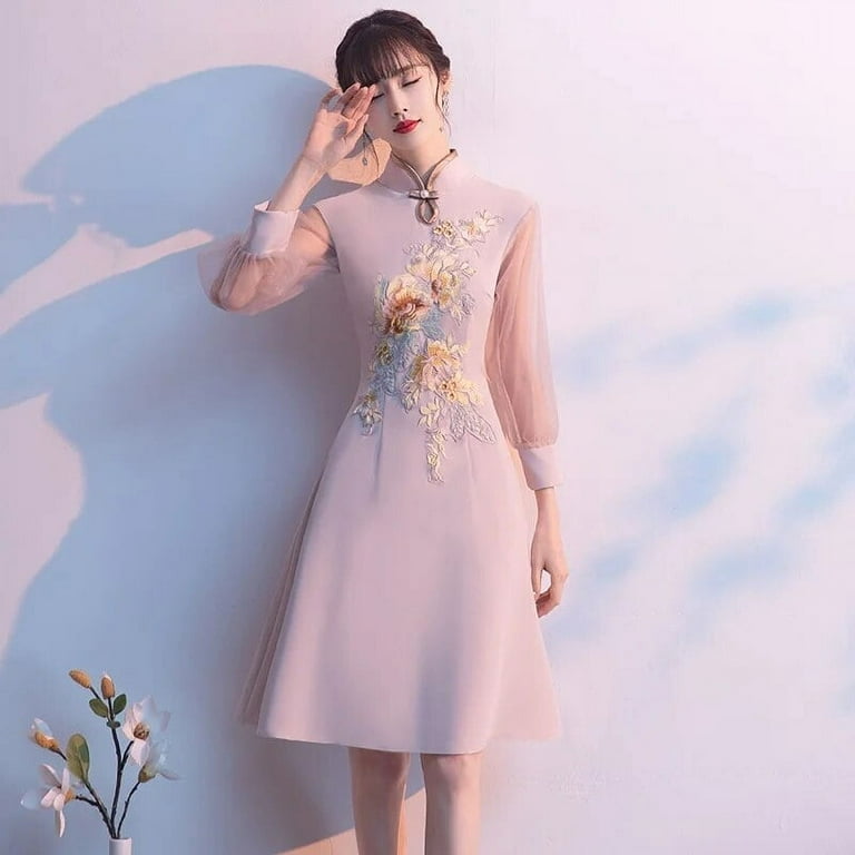 China Style Vintage Dress New Embroidery Women Qipao Traditional Robe Solid Female Cheongsam Elegant Vestidos Walmart