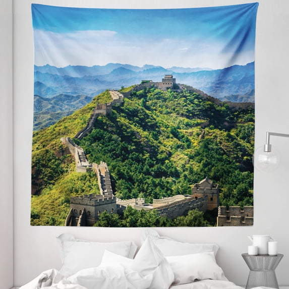 China Tapestry, Wall of China in a Summer Day Jinshanling Section near Beijing Photo, Fabric Wall Hanging Decor for Bedroom Living Room Dorm, 5 Sizes, Green Beige and Blue, by Ambesonne