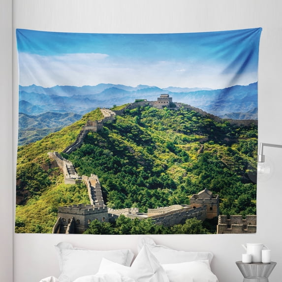 China Tapestry, Wall of China in a Summer Day Jinshanling Section near Beijing Photo, Fabric Wall Hanging Decor for Bedroom Living Room Dorm, 5 Sizes, Green Beige and Blue, by Ambesonne