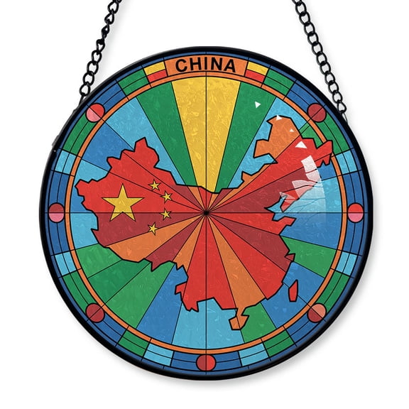 China Travel Decor Suncatcher Stained Glass Window Hanging, Gift for Traveller, Collection of Country Travel Souvenirs for Family and Friends, China Map and Flag Décor