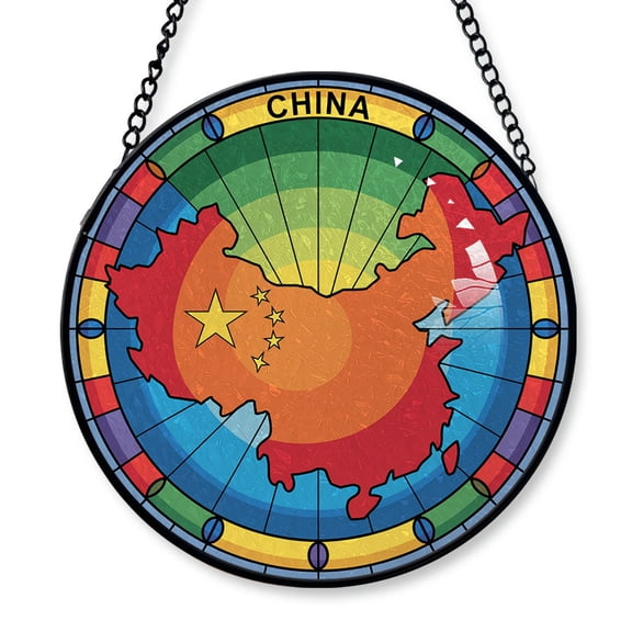 China Travel Decor Suncatcher Stained Glass Window Hanging, Gift for Traveller, Collection of Country Travel Souvenirs for Family and Friends, China Map and Flag Décor