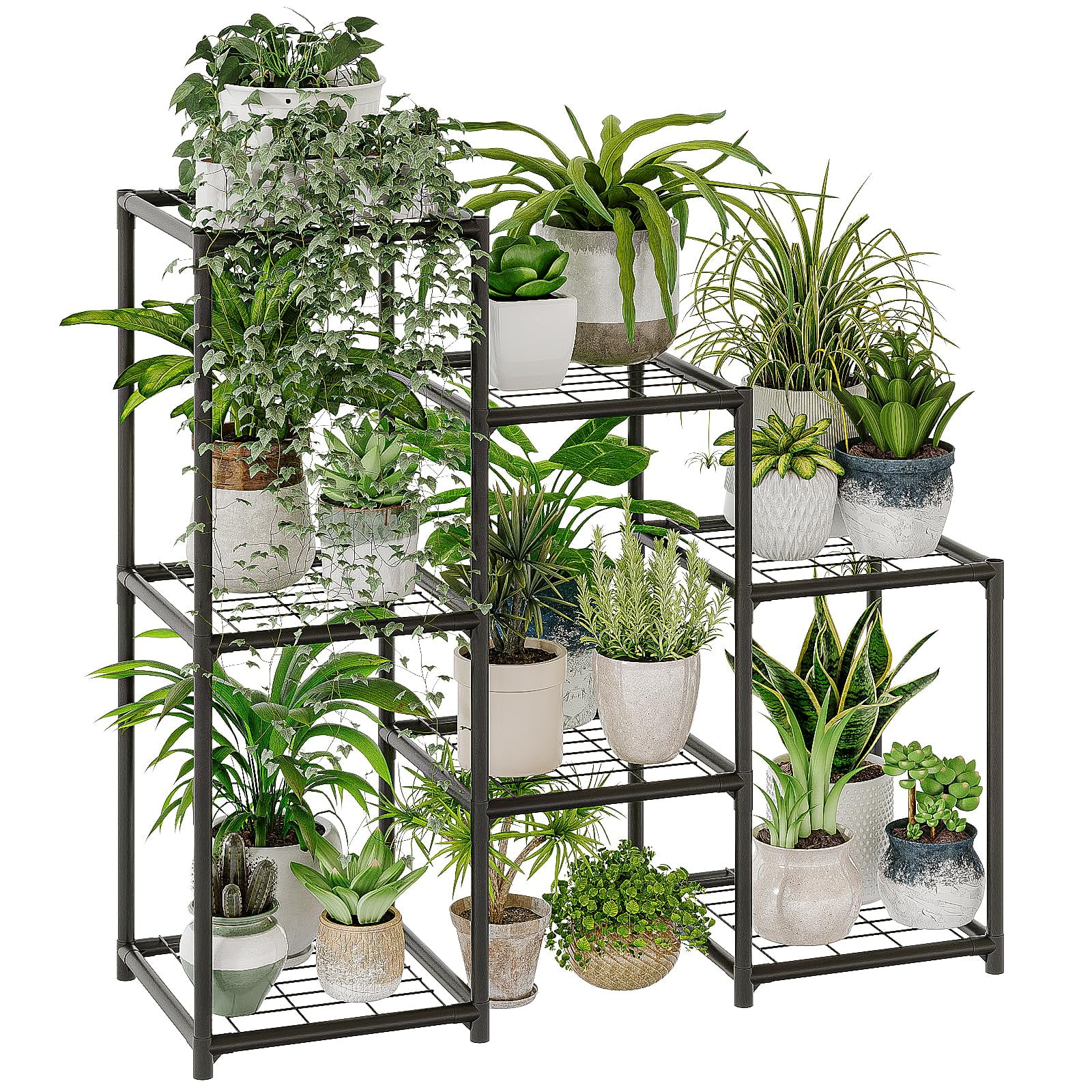 Black 3-Tier Bamboo Ladder Plant Stand for 7 Pots