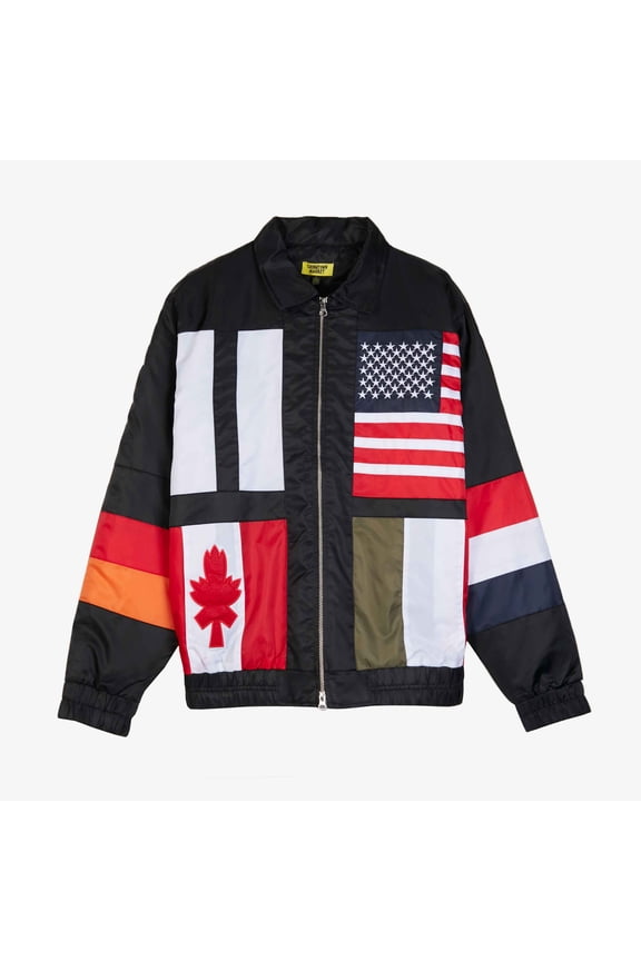 Men's Black Multi World Flags Jacket, Size Small