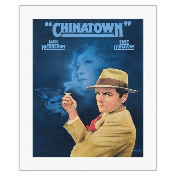 Chinatown - Starring Jack Nicholson and Faye Dunaway - Directed by Roman Polanski - Vintage Film Movie Poster by Richard Amsel c.1974 - Fine Art Rolled Canvas Print 16in x 20in
