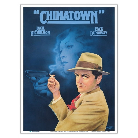 Chinatown - Starring Jack Nicholson and Faye Dunaway - Directed by Roman Polanski - Vintage Film Movie Poster by Richard Amsel c.1974 - Master Art Print (Unframed) 9in x 12in