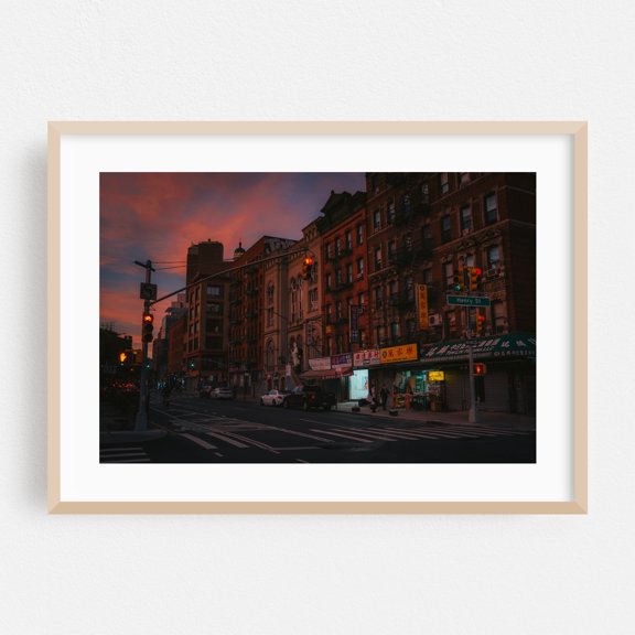 Chinatown at sunset, NYC 01 - Manhattan New York Photography Street Photography City Architecture Nightlife Vintage Neon Sign Oak Framed Wall Art Print 5 x 7 inches
