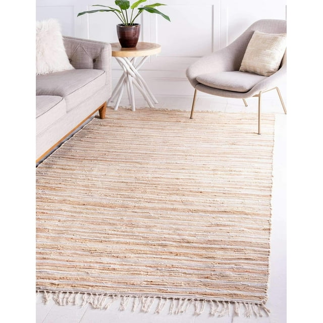 Chindi Cotton Collection Soft Hand Woven Natural Fiber Striped Area Rug, 4 ft x 6 ft, Beige/Ivory