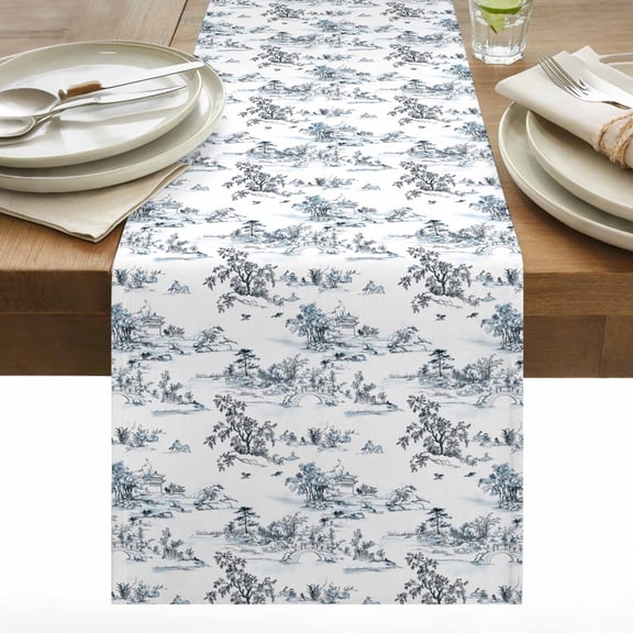 Chinese Ancient Style Table Runner 13x36 inch Blue Cotton Linen Dining Table Runner Ideal for Dresser Kitchen Coffee Tables - Machine Washable