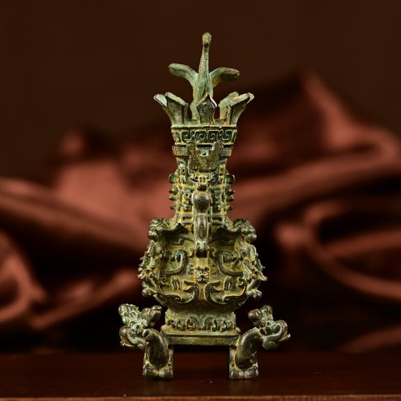 Chinese Antique Collection Small Statue Ancient Lotus Crane Square Pot Art Sculpture Spring And Autumn Warring States Bronze War