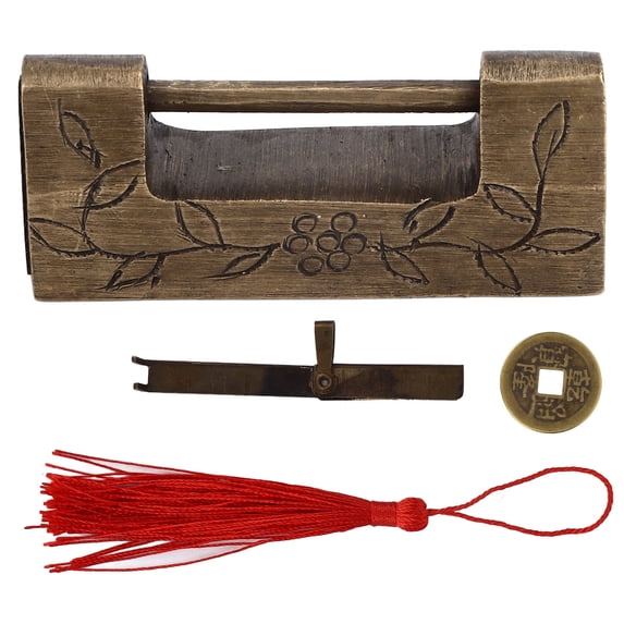 Chinese Antique Lock, Retro Classic Pattern Brass 2x0.8in Horizontal Padlock for Boxes