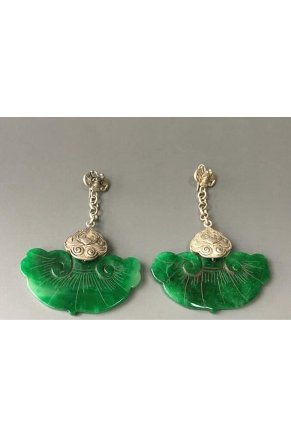 Chinese Antique Tibetan Silver Inlaid Jade Earrings Jade Earrings Jewelry -