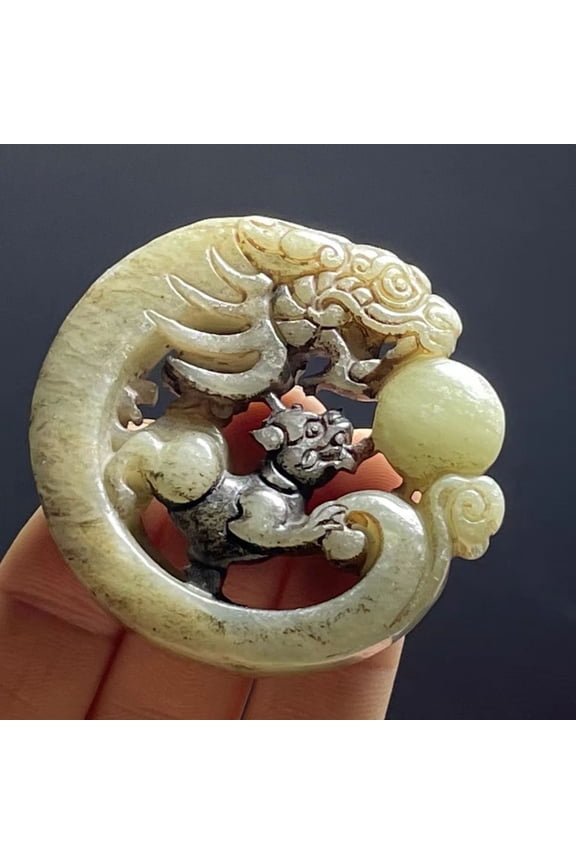 Chinese Antique Xiuyan Jade Carved Dragon Ball Necklace Pendant -