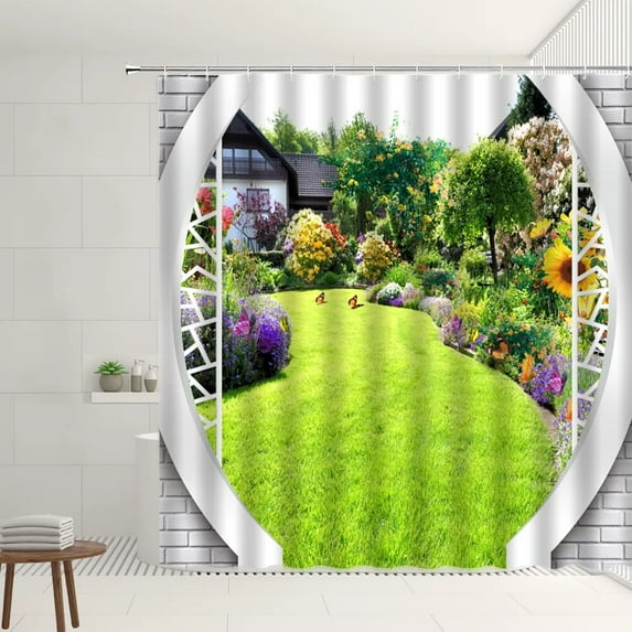 Chinese Arched Door Pattern Shower Curtain Set Flower Plant Green Vine Flower Wall Pine Tree Garden Scenery Bathtub Decor Screen