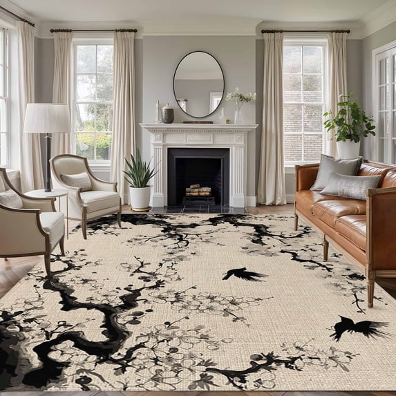 Chinese Area Rugs 6'x9', Washable Small Throw Rugs for Kitchen Dining room, Black White Tree Flowers Traditional Ink Painting Indoor Outdoor Rug Non-Slip Low Pile Carpet Runner Reversible Floor Mats