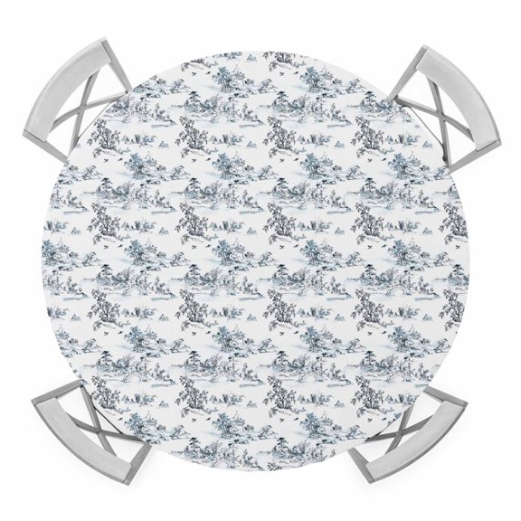 Chinese Art Elastic Fitted Round Table Cover Waterfall Under Bridge Waterproof Outdoor Tablecloth for Holiday Party, Picnic, Patio & Dining Fits Tables Up to 36"-44"
