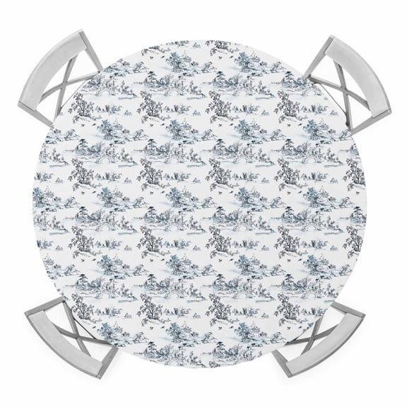 Chinese Art Elastic Fitted Round Table Cover Waterfall Under Bridge Waterproof Outdoor Tablecloth for Holiday Party, Picnic, Patio & Dining Fits Tables Up to 55"-60"