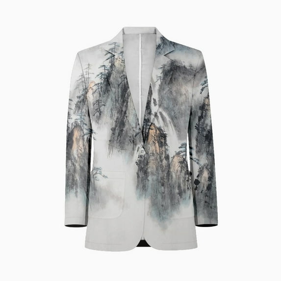 Chinese Art Mountain and River Ink Painting Mens Suits Shawl Collar Slim Fit Suit Mens Groom Jacket Tuxedos for Wedding Dress Evening