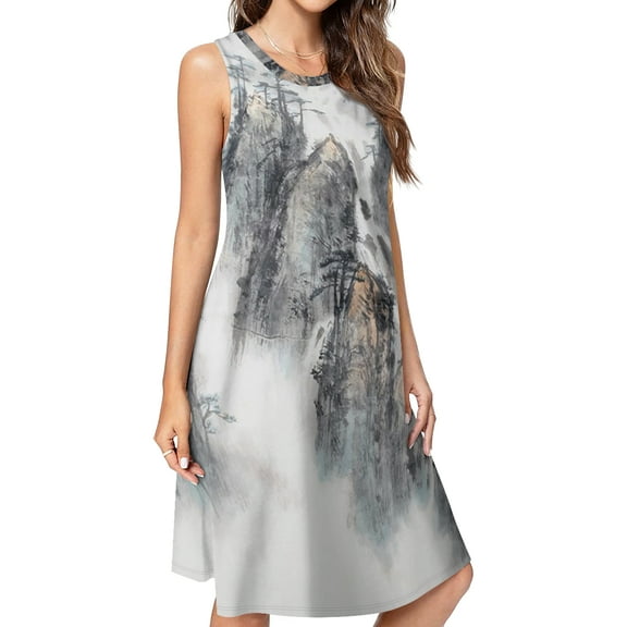 Chinese Art Mountain and River Ink Painting Spring Summer Dresses for Women Fashion T-shirt Dress Casual Sleeveless Loose Sundress with Pockets