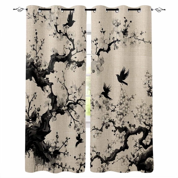 Chinese Blackout Curtains for Bedroom/Living Room, Thermal Insulated Kitchen Curtains, Black White Tree Flowers Traditional Ink Painting Grommet Darkening Window Treatment Drapes 52"x84"x2