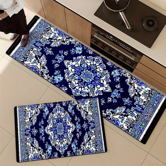 Chinese Blue Calico Flannel Kitchen Rugs, Non-Slip Washable Floor Mat, Flower Curly Grass Border Pattern on Dark Blue, Soft Throw Rug for Bathroom Living Room Laundry Runner Doormat