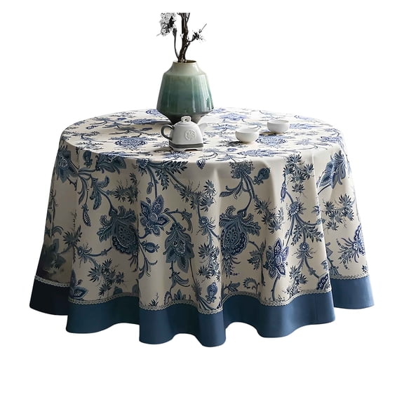 Chinese Blue And White Porcelain Floral Tablecloth,Traditional Jacquard Round Tablecloths For Dining Kitchen Party Picnic Table Decors-Blue-160cm 63in