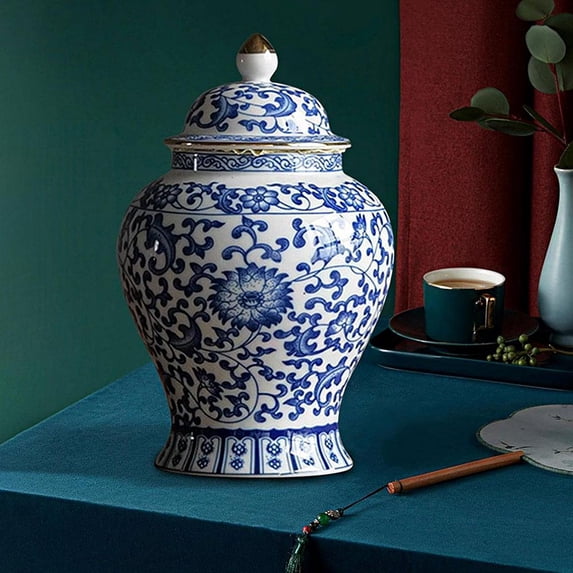 Chinese Blue and White Porcelain Jar with Lid, Decorative Ceramic Storage Canister for Tea Kitchen, Retro Floral Vase Home Decor