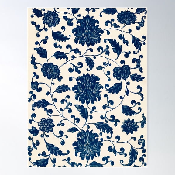 Chinese Botanical Pattern - Vintage Asian Ornament Blue And Beige Poster Wall Art, Modern Wall Decor For Living Room Bedroom, 16x24 UNFRAMED