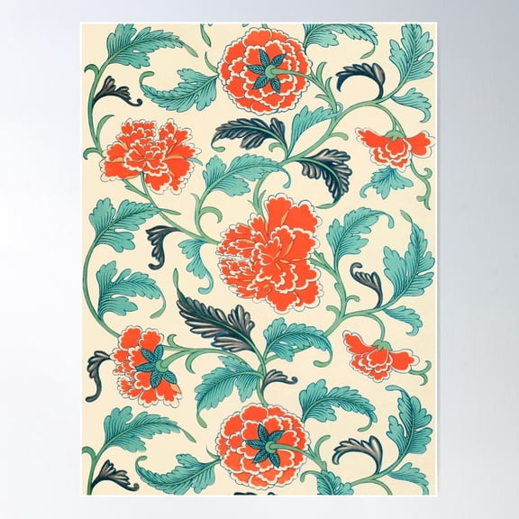 Chinese Botanical Pattern - Vintage Asian Ornament Red And Green Poster Wall Art, Modern Wall Decor For Living Room Bedroom, 16x24 UNFRAMED