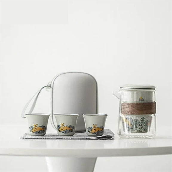 Chinese Boutique Travel Tea Pot Set Outdoor Portable Ceramics Moon Rabbit Sample Tea Cup Tea Maker Cups Tea Cloth 1 Pot 3 Cups