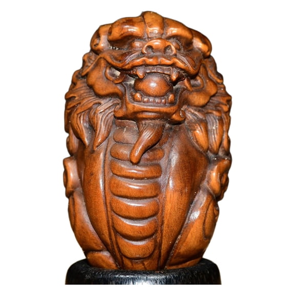 Chinese Boxwood Carving Carved Wooden Foo Dog Figurine Sculpture Guardian Talisman Ornament Interior Serenity