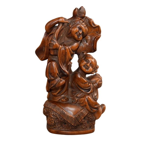 Chinese Boxwood Carving Wooden Hehe Immortals Statue Twin Blessing Boys Lotus Figurine Harmony Union Unity Joy Fellowship Peace