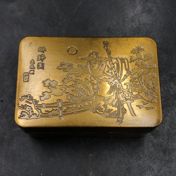 Chinese Brass Ink Box Carved Drunken Scene Calligraphy Tool Marked Seal Paste Holder Desk Art Decoration