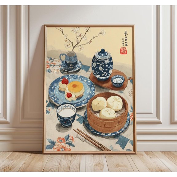 Chinese Breakfast Blue And White Porcelain Dim Sum Poster, Thoughtful Cultural Theme For Bedroom, Office And Home Decor
