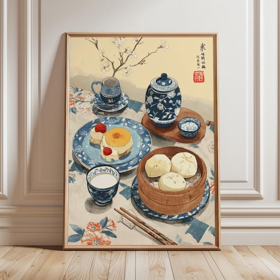 Chinese Breakfast Tea Dim Sum Blue White Poster UNFRAMED PAPER POSTER, Home Decor