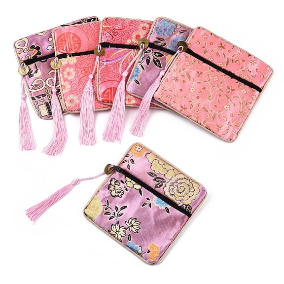 Chinese Brocade Tassel Zipper Jewelry Bag Gift Pouch Square with Flower Pattern Pink 11.5~11.8x11.5~11.8x0.4~0.5cm