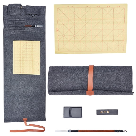 Chinese Calligraphy Felt Roll-up Mat with Plastic Ink Stones Wooden Chinese Calligraphy Drawing Brush Pen Calligraphy Paper Mixed color 88~1030x8.5~379x3~12.5mm