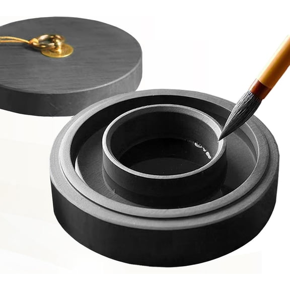 Chinese Calligraphy Ink Stone, Chinese Inkstone, Dual-Circle Design Keeps Ink Moist & Prevents Drying, Natural Stone Ink Dish with Ring-Pull & Tassels