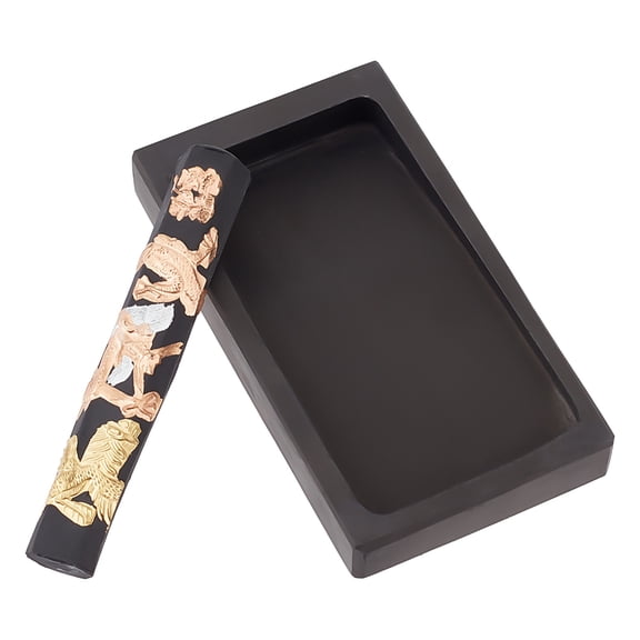 Chinese Calligraphy Inkstone with Ink Stick Rectangle Dragon Phoenix Pattern Inker Sets Traditional Chinese Ink Stones for DIY