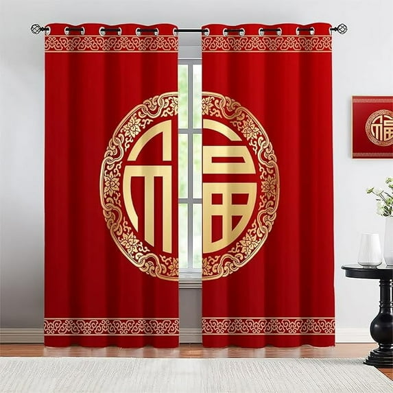Chinese Character Jinfu Blackout Curtains, Red Gold Bohemian Pattern 3D Printed Drapes, Grommet Thermal Insulated Window Curtain For Living Room Bedroom Kitchen Cafe 42"W x 84"L (Pack of 2)