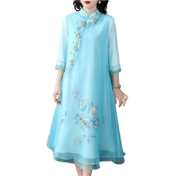 Chinese Cheongsam. Classic embroidery, sleeve, button - collar. Elegant women's clothing.