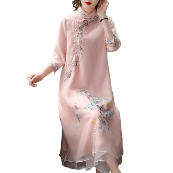 Chinese Cheongsam. Classic embroidery, sleeve, button - collar. Elegant women's clothing.