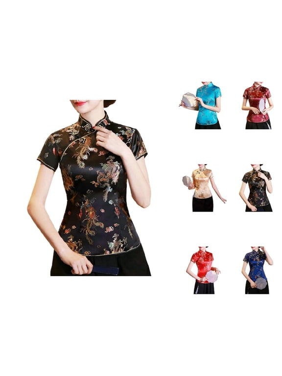Chinese Cheongsam Shirt for Women Short Sleeve Satin Stand Collar Slim Fit Blouse