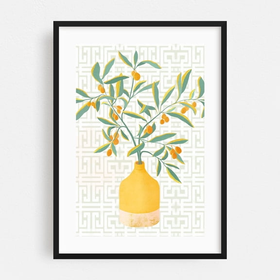 Chinese Citrus Tree - Painting Botanical Geometric Pattern Fruit Floral Kitchen Decor Modern Art Black Framed Wall Art Print 5 x 7 inches