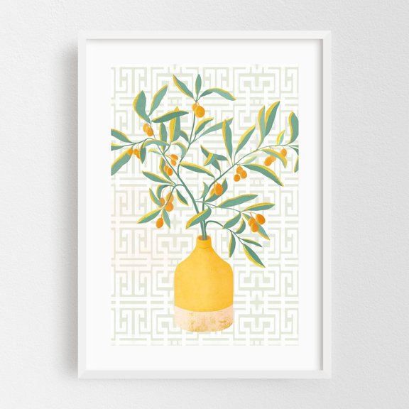 Chinese Citrus Tree - Painting Botanical Geometric Pattern Fruit Floral Kitchen Decor Modern Art White Framed Wall Art Print 20 x 30 inches