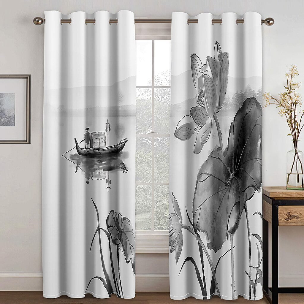 Chinese Classical Lotus Plum Pattern 3D Printing Curtain Traditional 2 ...