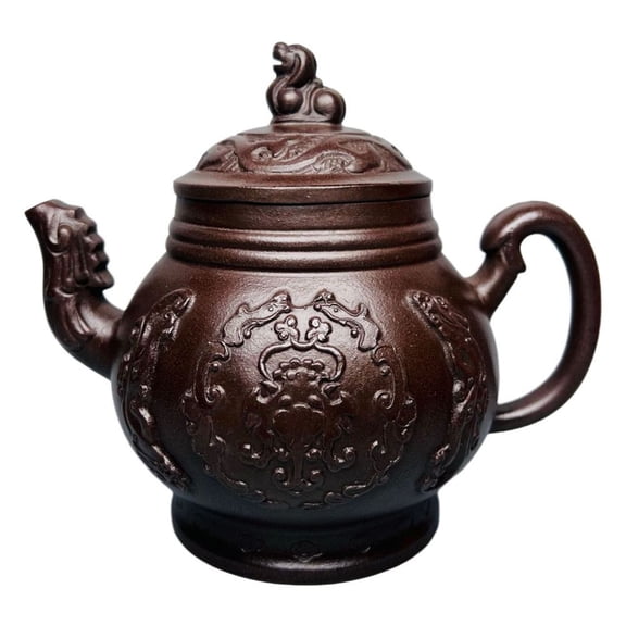 Chinese Clay Pot Purple Puer Handmade Bonsai Dragon Phoenix Relief Carved Embossed Mythical Beast Head Spout Knob Bulbous Body