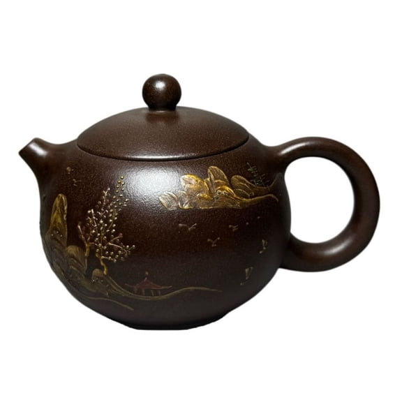 Chinese Clay Pot Purple Puer Handmade Bonsai Gilt Carving Sculpted Calligraphic Inscribed Landscape Nature Motif Bulbous Ovate