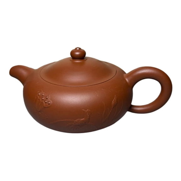 Chinese Clay Pot Purple Puer Handmade Bonsai Round Flat Shallow Circular Low Relief Embossed Patterned Floral Inscribed Gift